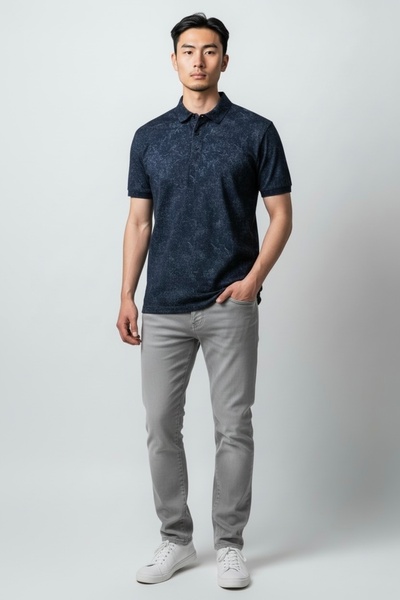 KAMER Men's Modern Fit Shirt Collar Dal Patterned Dark Blue T-Shirt 5065L