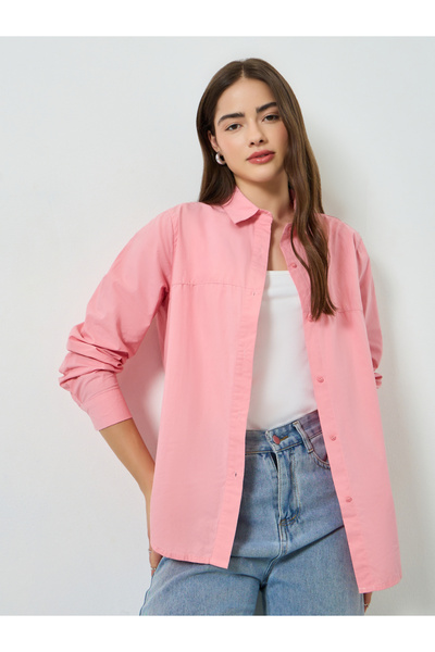Styli Pink Solid Long Sleeve Oversized Shirt