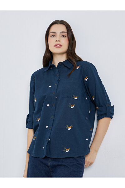 Styli Women Navy Blue Floral Embroidered Shirt