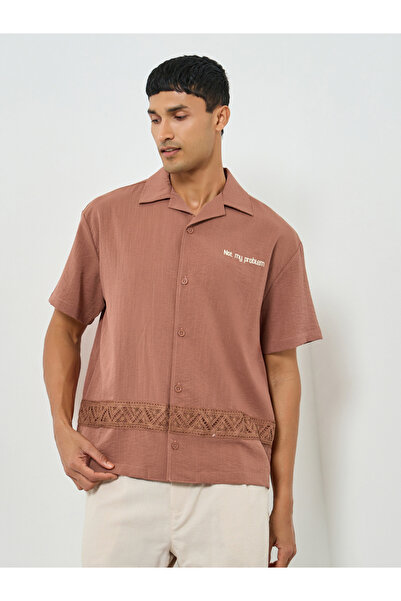 Styli Men Brown Oversized Lace Detail Short Sleeve Shirt