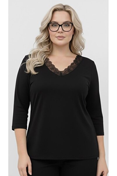 Koza Butik Women's Plus Size Three Quarter Sleeve V-Neck Lace Detailed Cotton...