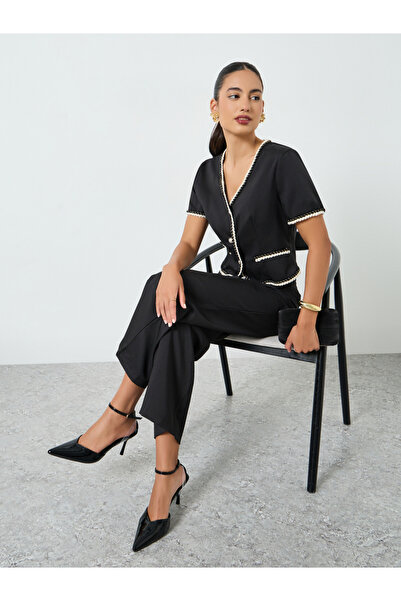 Take Two By Styli Black Button Front Contrast Piping Top and Straight Leg Pan...