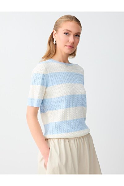 Jimmy Key Lacivert Bisiklet Yaka Kısa Kollu Çizgili Triko Bluz