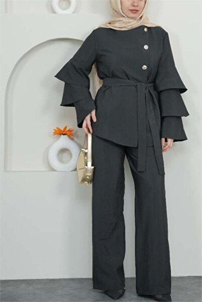 Dipmoda Women's Black Layered Sleeve Gold Button Detailed Hijab Set Dpvq3139