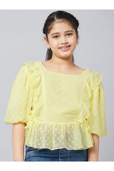 Stylo Bug By Styli بلوزة صفراء للبنات بتفاصيل ذو ملمس بارز مكشكش