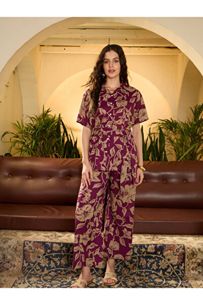 Imana By Styli Maroon Floral Print Pure Cotton Shirt with Trousers Co-Ords
