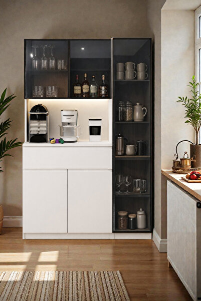 Avmpark Sofia Kahve Köşesi+Tek Kapaklı Kiler Dolabı Çok Amaçlı Füme Camlı Led...