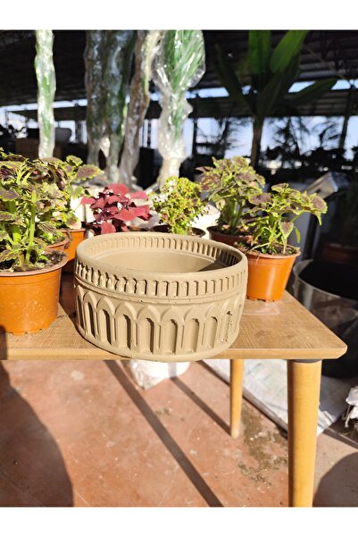 Yades Bohem Stil Kemer Kabartmalı Taş Saksı - Bej Eskitme Beton