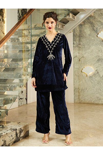 Athena By Styli Navy Blue Velvet Look Tunic and Pants Co-ords