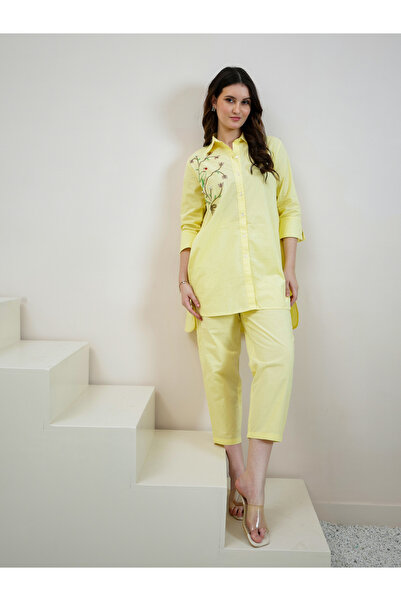Athena By Styli Yellow Cotton Beaded Shirt and Pants Co-ords