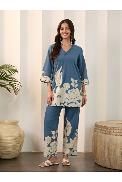 Imana By Styli Blue Floral Print Pure Cotton Top with Trousers Co-Ords
