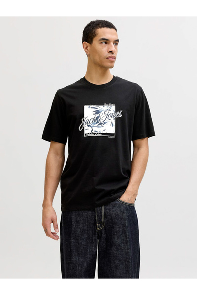 Jack & Jones تيشيرت أسود برقبة دائرية مزين برسومات هونولولو