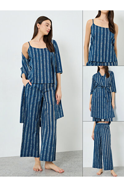 Styli Pack of 3 - Cotton Striped Cami, Pants and Robe Set