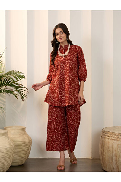 Imana By Styli Maroon Printed Pure Cotton Top with Palazzo Co-Ords