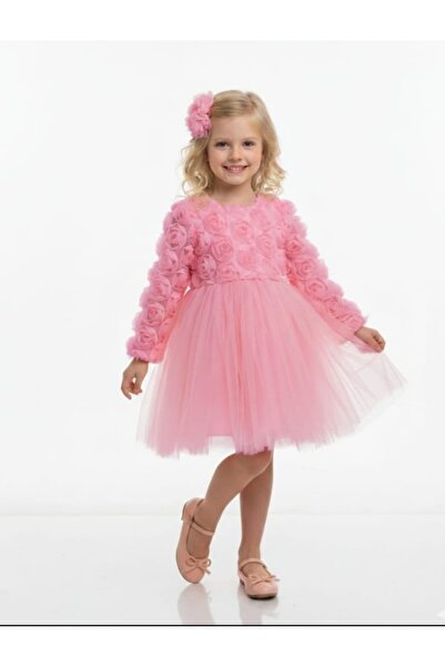 Serkon Girl's Long Sleeve Rose Embossed Patterned Skirt Above Tulle Tulle Sty...