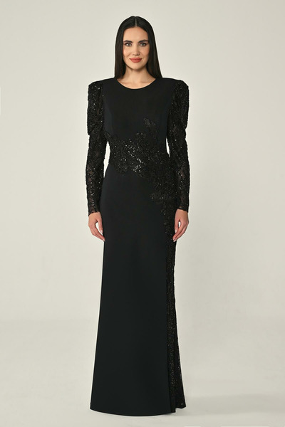 ALFABETA Alpha Beta long sequined Crepe evening dress with sleeves and a Slit...