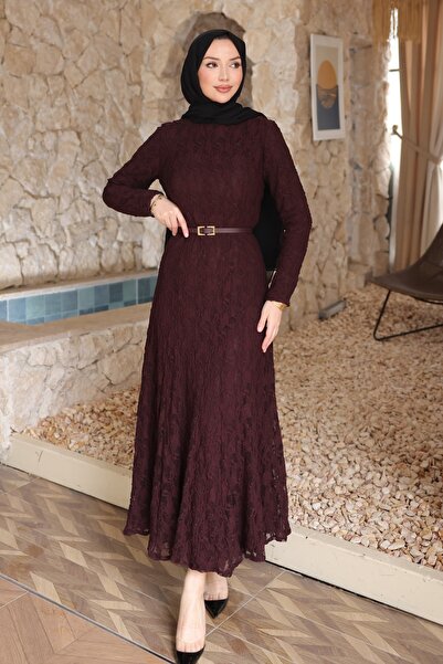 İmajButik Mürdüm Kemerli Dantelli Astarlı Elbise