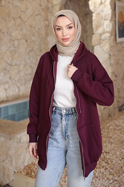 İmajButik Cardigan cu glugă și fermoar, cu trei fire, C cu buzunare