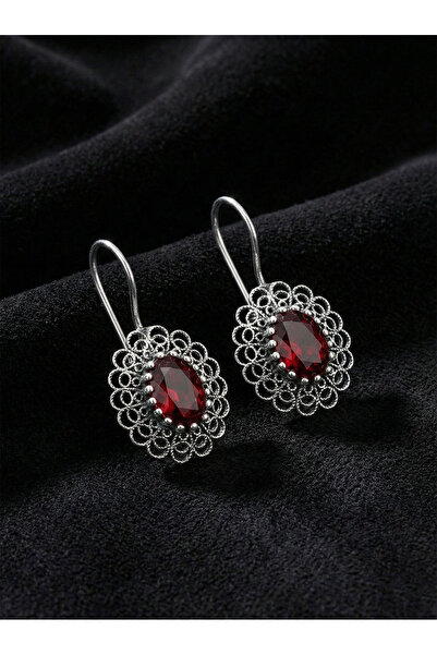 Roza Silver 925 Ayar Gümüş Lal Taşlı Elişi Geleneksel Oval Telkari Küpe