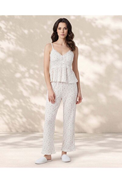 REDTAG Women White Ditsy Print Padded Cami Long Pant Set