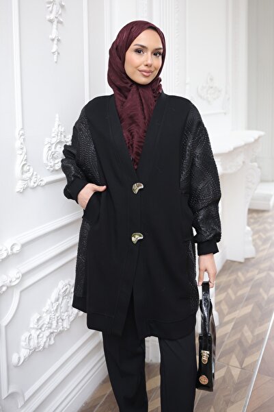 İmajButik Cardigan negru cu garnitură