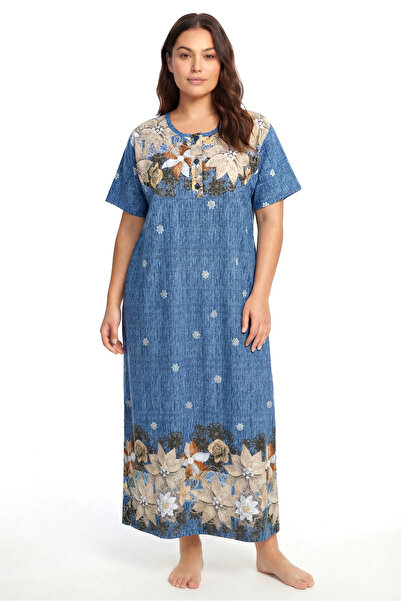 Akbeniz Μεγάλο μέγεθος Με φλοράλ μοτίβο Κοντομάνικο Νυχτικό Mother's Night Μπλε
