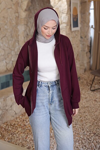 İmajButik Mürdüm Kangaroo Pocket Three Yarn Cardigan