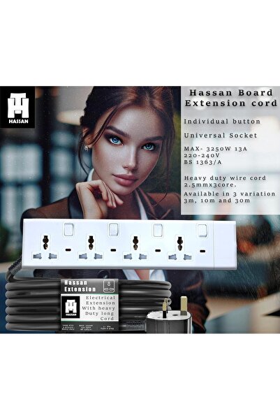 HASSAN Heavy Duty Extension Board with Universal Sockets Long Cable Options (3m/10m/30m), 13A Max 30