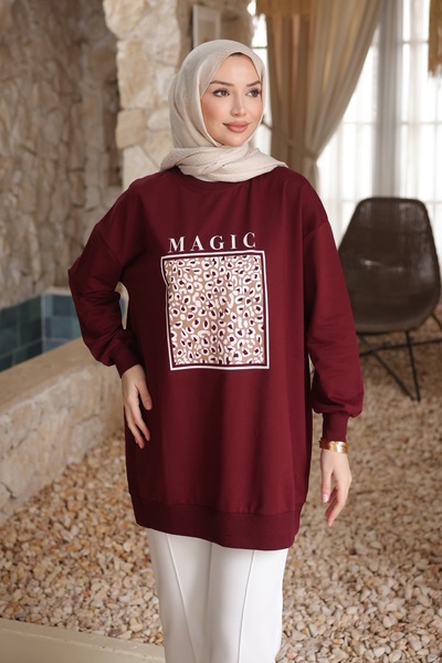 İmajButik Burgundy Crew Neck Printed Sweatshirt