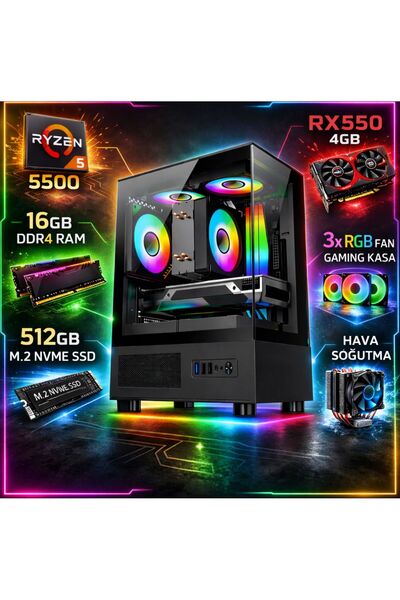 Apphirex ECO X55 Ryzen 5 5500 16GB 512GB M2 SSD RX550 4GB GDDR5 Masaüstü Oyun...