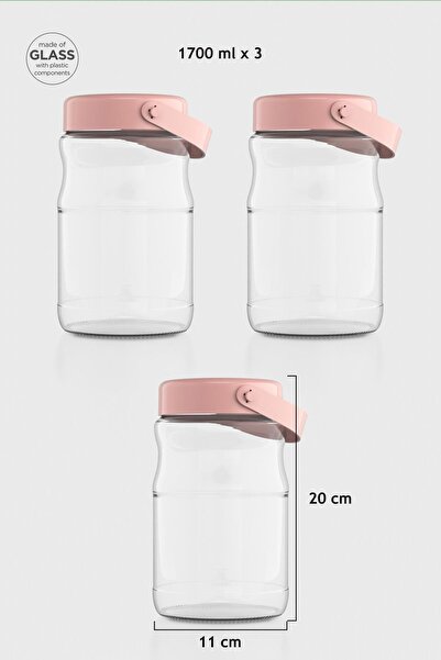 Renga Macro 1700 ml Pink Lid 3-Piece Glass Jar Set 131074