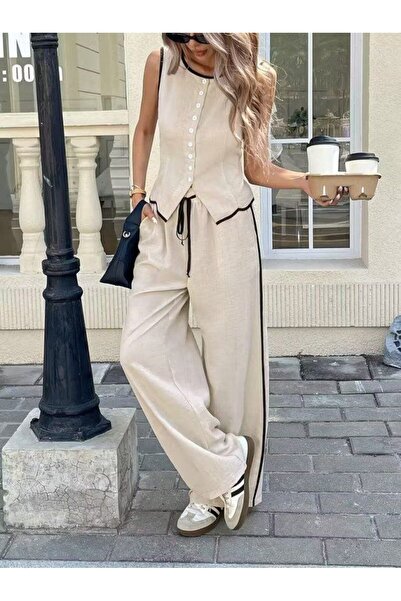 Kokosh moda Kadın Önü Düğmeli Yelek Pantolon Bej İkili Takım