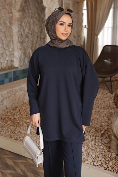 İmajButik Lacivert Yanı Yırtmaçlı Tunik Pantolonlu Takım
