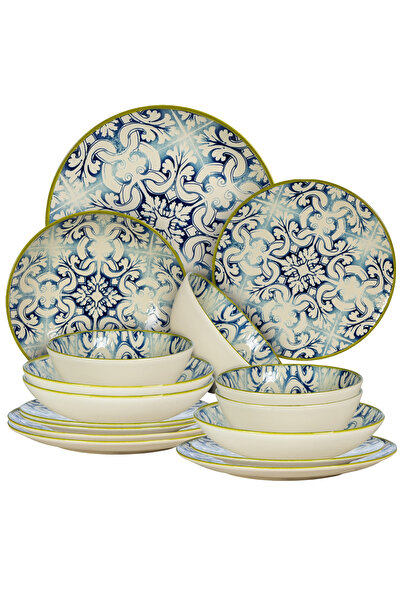 Cesiro 16-Piece Dinnerware Set for 4 People, Stoneware, Ivory with Blue Decor