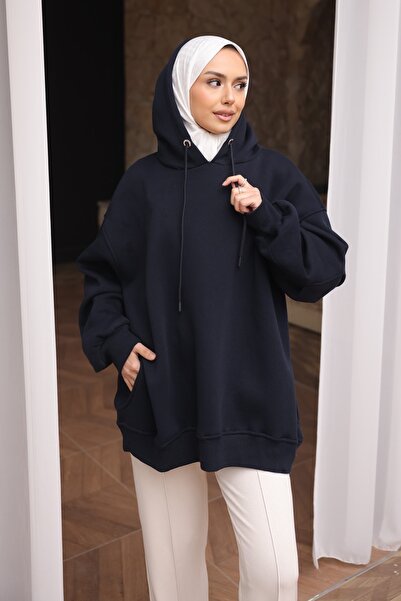 İmajButik Navy Blue Crew Neck Stone Modal Sweatshirt