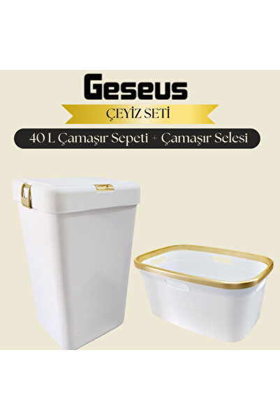 Saatistan Motek 40 Lt Kirli Çamaşır Sepeti ve Çamaşır Selesi Seti, Gold Beyaz