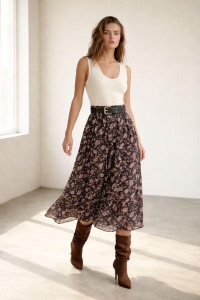 Vireo Club Kadın Kahverengi Çiçek Desenli Kemerli Şifon Midi Etek