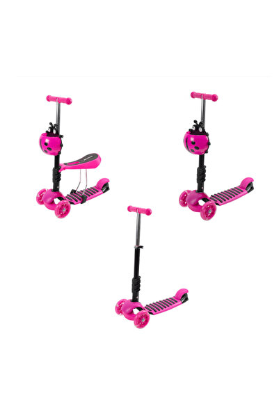 Kids Trotinetă 3 în 1, roz, pentru 2-6 ani, Roți din silicon cu lumini LED
