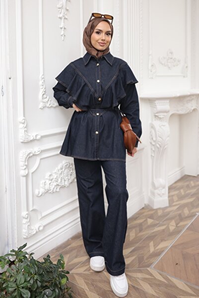 İmajButik Navy Blue Ruffled Tunic Trousers Denim Suit