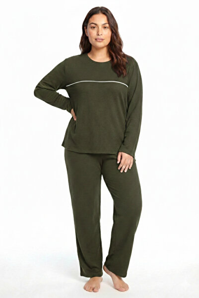 Akbeniz Ženska pidžama velike veličine Sa prugastim detaljima Debeli dugi ruk...