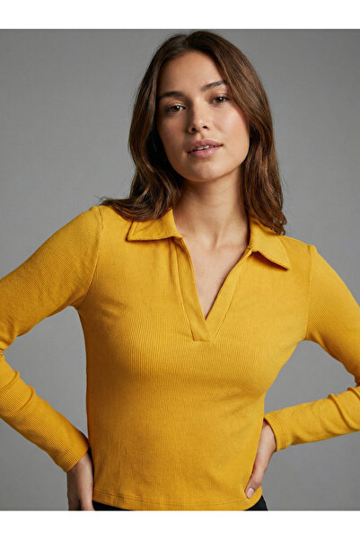 NEW JOURNAL Bluză scurtă cu guler polo, culoare muștar, pentru femei NJ114