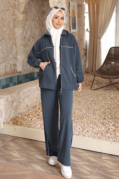 İmajButik Anthracite Hooded Zippered Sweat Cardigan Pants Set