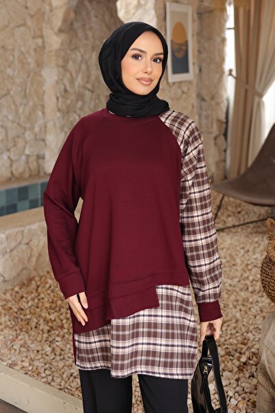 İmajButik Burgundy Plaid Paneled Modal Tunic