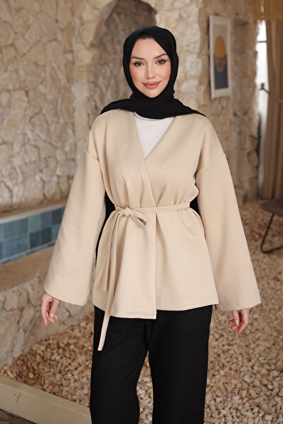 İmajButik Stone Belted Scuba Kimono Jacket