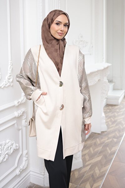 İmajButik Cardigan bej cu secțiuni