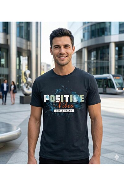 Duzor Tricou negru pentru bărbați bumbac 100% Positive Vibes cu imprimeu gule...