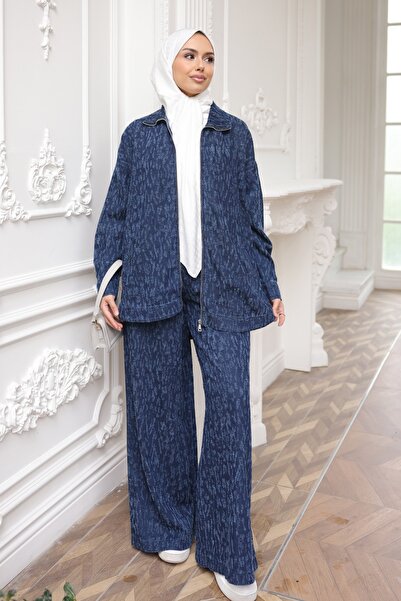 İmajButik Navy Blue Laser Cut Denim Jacket and Trousers Set