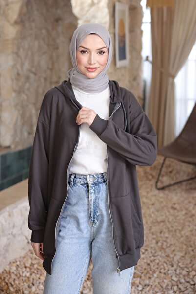 İmajButik Cardigan buzunar cangur cu trei fire, culoare afumată