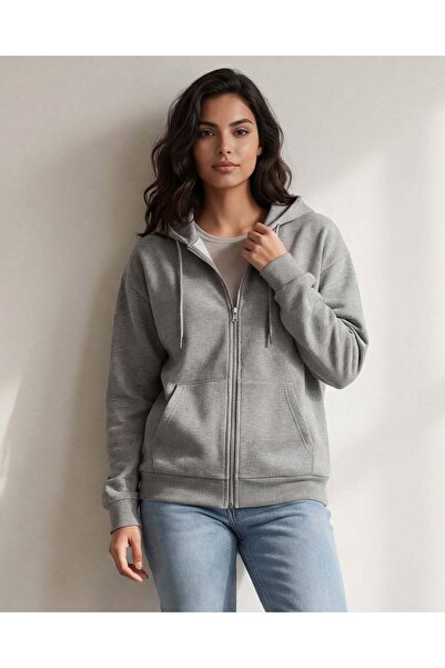 REDTAG سويت شيرت نسائي رمادي بسحاب بغطاء رأس