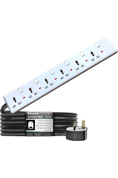 HASSAN لوحة تمديد شديدة التحمل مزودة بمقابس عالمية وخيارات كابلات طويلة (3 أم...
